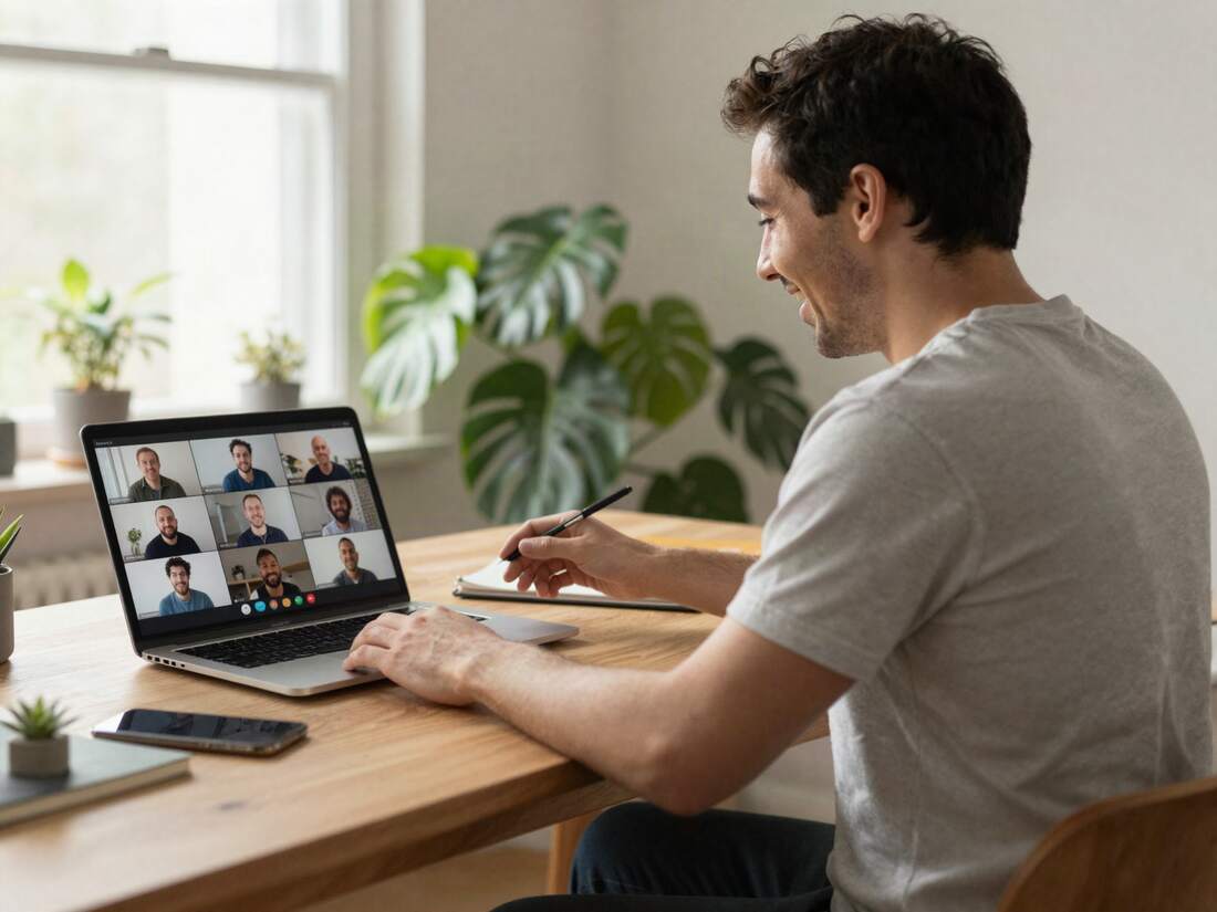 A founder smiling as he teaches a live online workshop to a grid of participants on his laptop